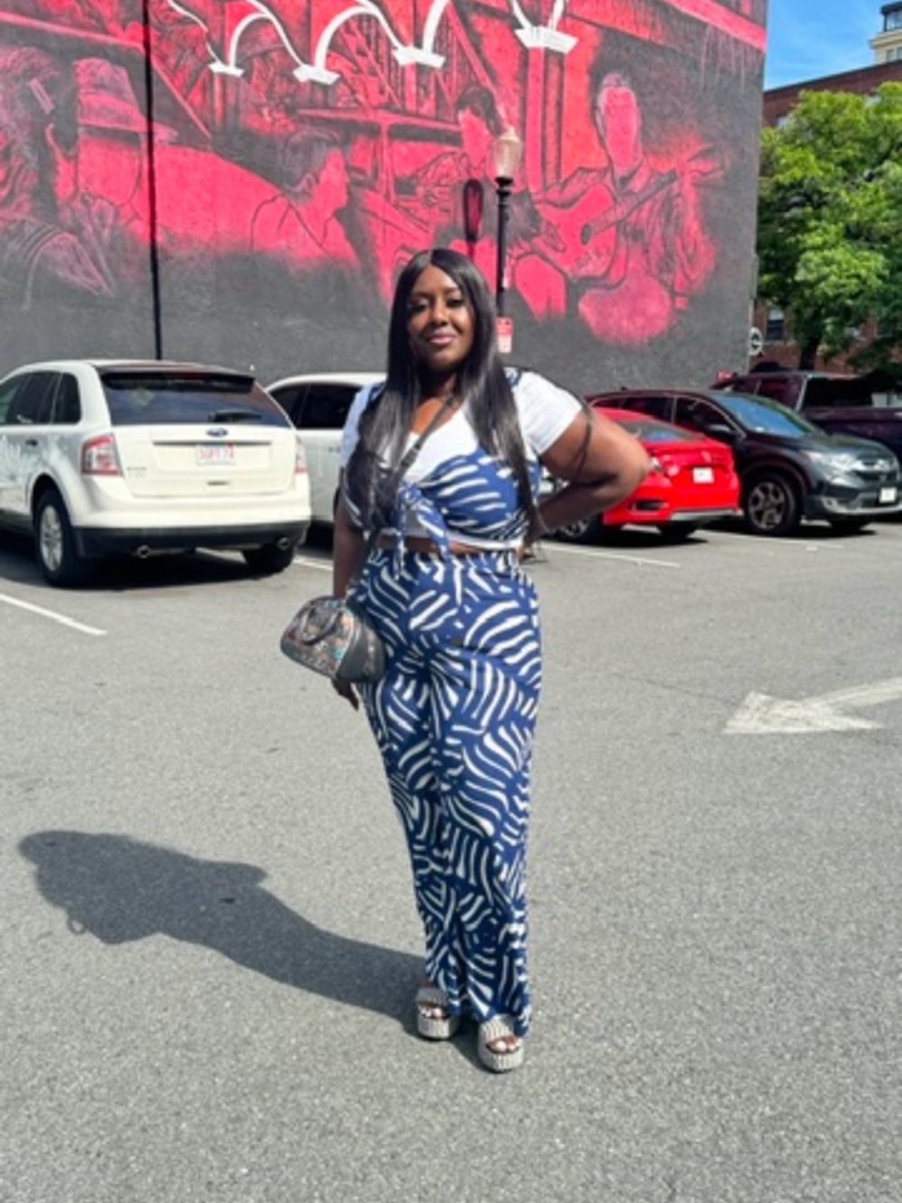 Blue White Co-Ord Set XL Tie Front Crop Top L HighWaist Wide Leg Pants Tropical